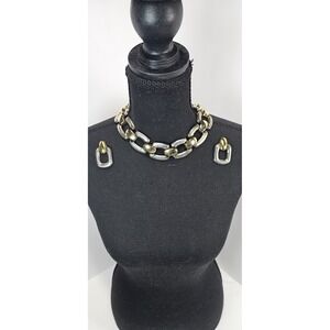 Vintage Two Tone Chunky Chain Necklace & Earrings Set Gold Silver Link Statement
